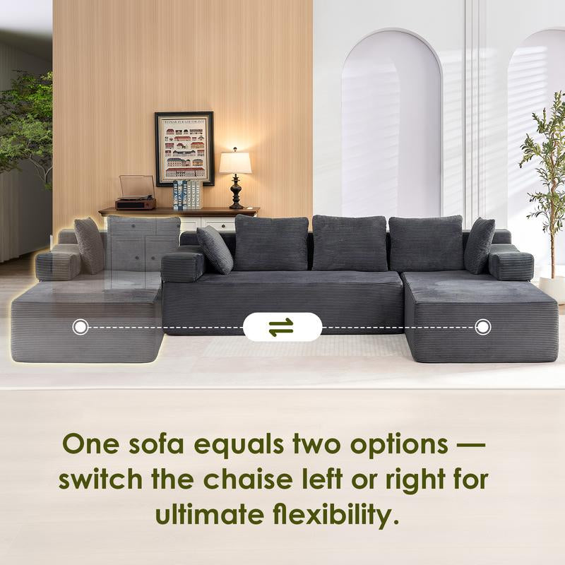 Housiney 105" Cloud-Like Sectional Sofa Couch with L-Shaped Chaise Lounge, Oversized Modular Design, Soft Plush Corduroy, Tool-Free Assembly, Vacuum-Sealed Compression Couch for Living Room or Bedroom, 105"W X 67.7"D X 30"H, Grey