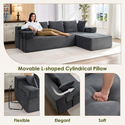 Housiney 105" Cloud-Like Sectional Sofa Couch with L-Shaped Chaise Lounge, Oversized Modular Design, Soft Plush Corduroy, Tool-Free Assembly, Vacuum-Sealed Compression Couch for Living Room or Bedroom, 105"W X 67.7"D X 30"H, Grey